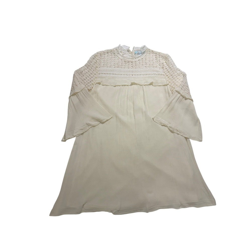 She + Sky Cream Lace Yoke Babydoll Tunic Dress Bell Sleeve Silk Blend Size L